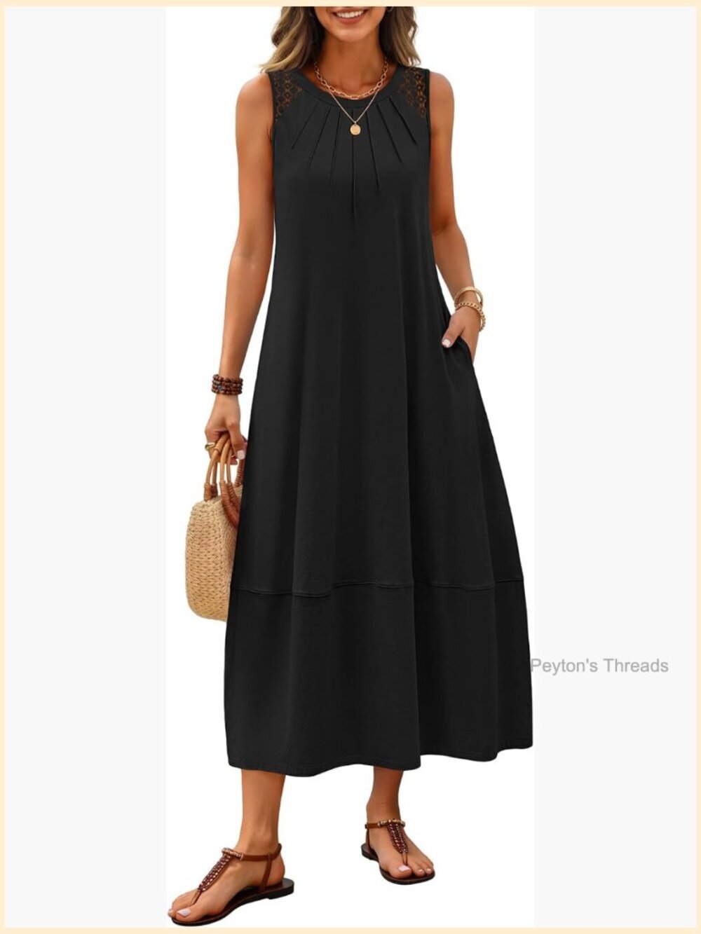 Women's Boho Maxi Dress Pleated Lace Hollow Out Beach Vacation Sleeveless Tank